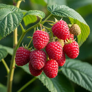 Ripe 'Cascade Delight' raspberries clustered on a branch with vibrant green leaves, set against a blurred natural background, highlighting fresh summer fruit.
