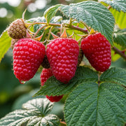 Ripe 'Cascade Delight' raspberries hanging on a branch with green leaves, glistening with morning dew, set against a blurred natural background.