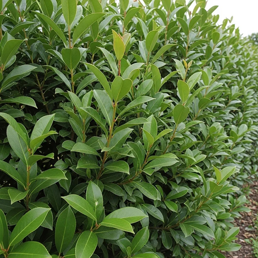Dense Cherry Laurel 'Rotundifolia' hedging with glossy, pointed leaves and smooth edges, creating a lush, vibrant garden border under natural light.