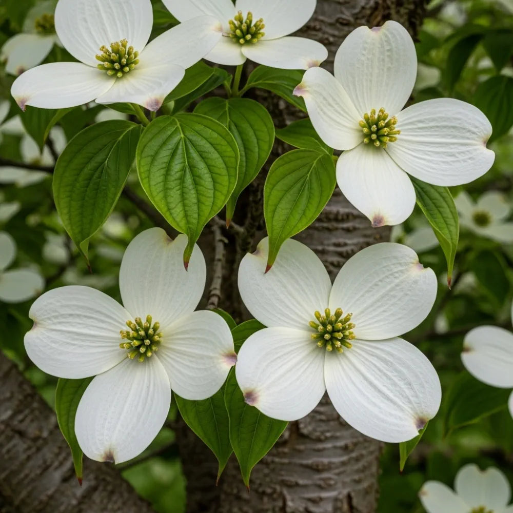 White Flowering Dogwood Tree (Cornus 'Eddie's White Wonder') with four-petaled flowers, green centers, vibrant leaves, and textured bark.