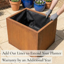 Add our liner to extend your planter warranty by an additional year - corten steel cube planter with fabric liner fitted