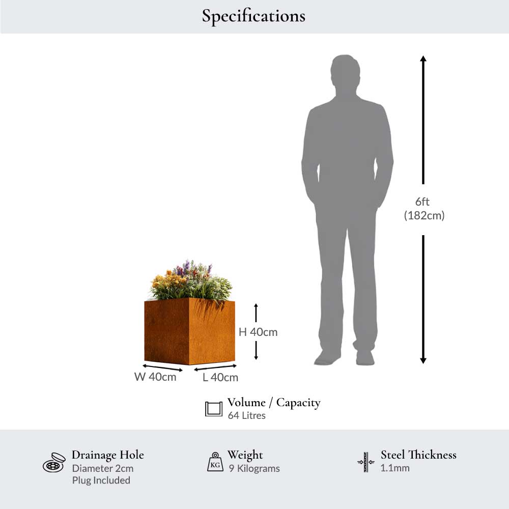 Plant pot with dimensions shown relative to a human figure, including weight and material details.