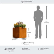 Corten steel planter with dimensions and features displayed