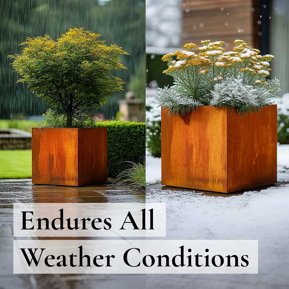 Two rust-colored square planters with plants in different weather conditions, labeled 'Endures All Weather Conditions'.