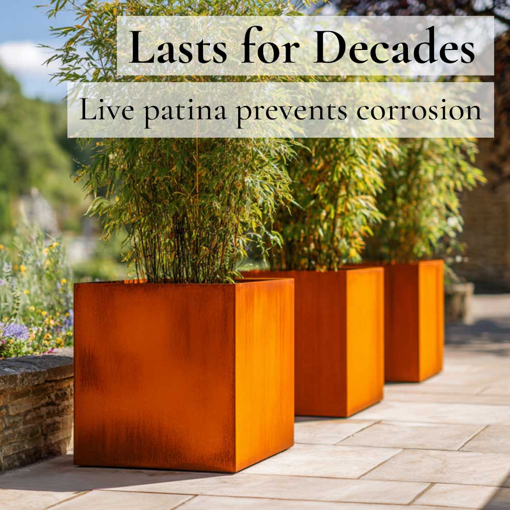 Corten steel planters with live patina on a patio