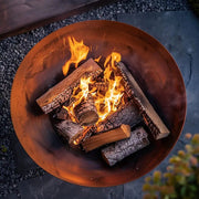 corten steel firepits woven wood
