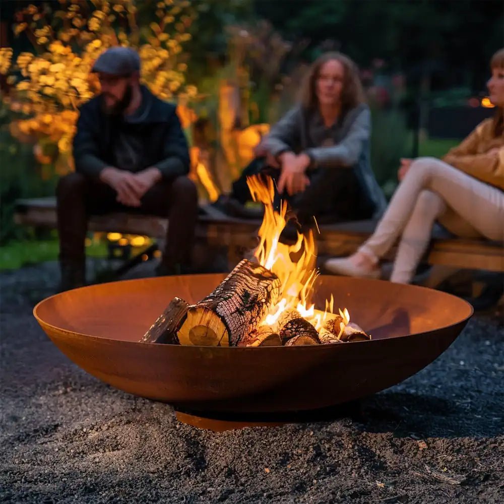 corten steel firepits woven wood