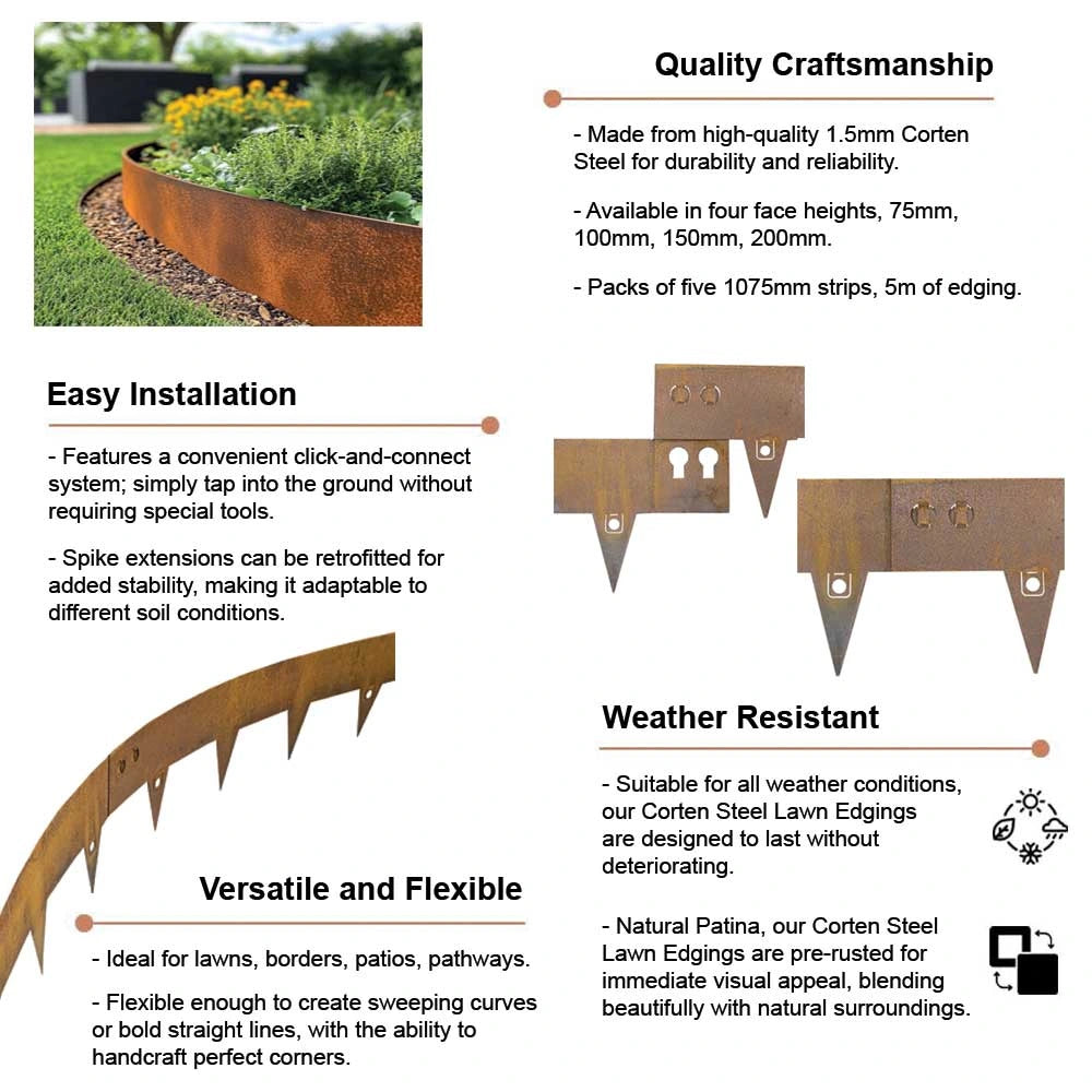 100cm Corten Steel Lawn Edging 7.5cm High (1 Set / 5pcs) - Pre-Rusted