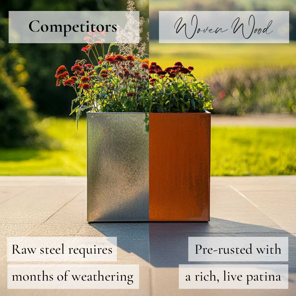 Two planters, one raw steel and one pre-rusted with a live patina, on a garden background.