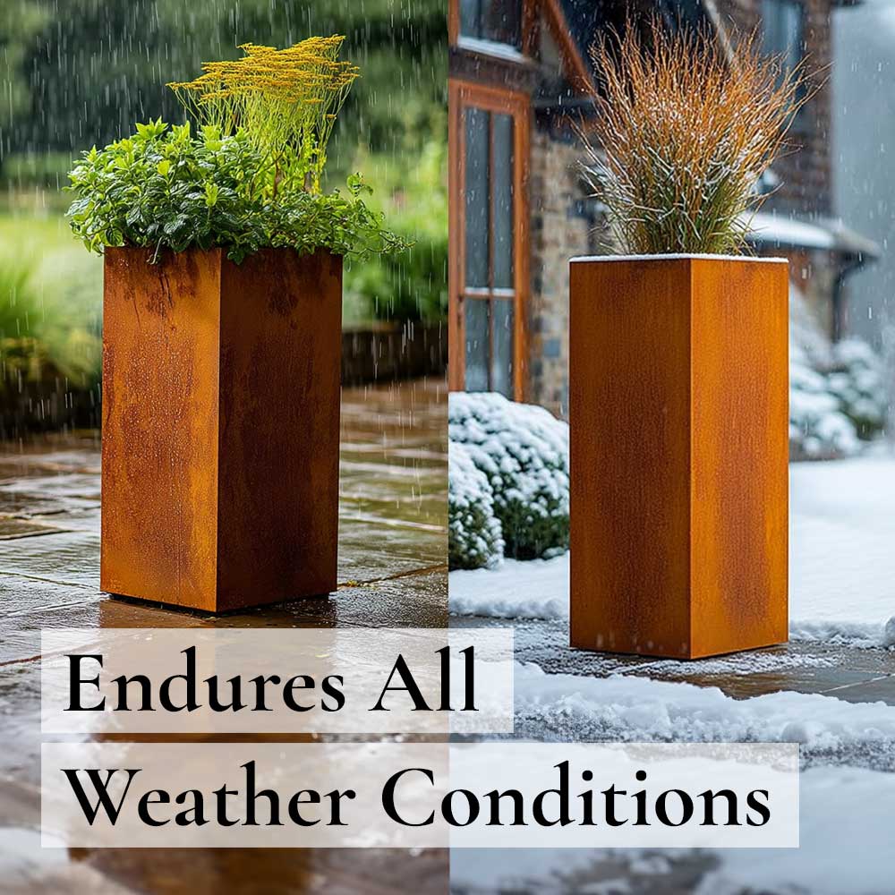 Two metal planters with plants, one in rain and one in snow, with text 'Endures All Weather Conditions'.