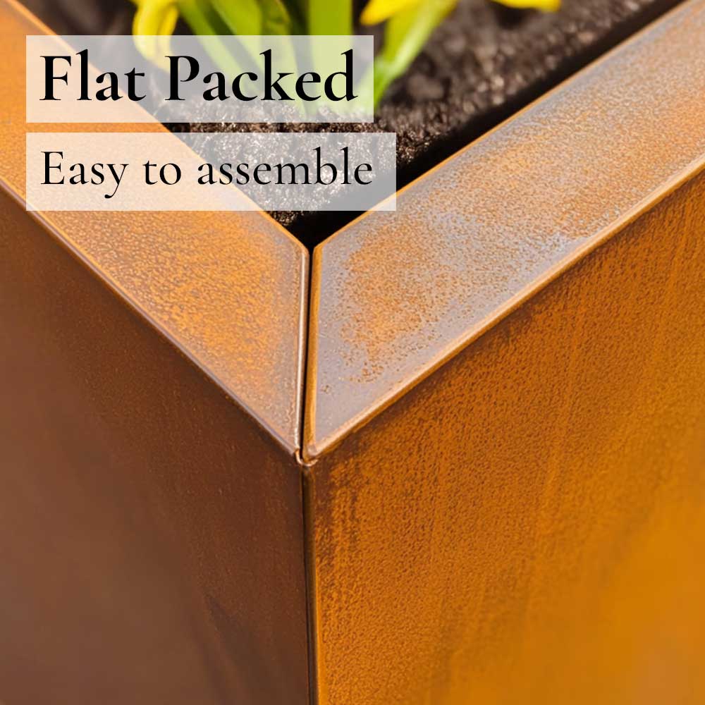 Close up of corten planter box with text 'Flat Packed, Easy to assemble'.
