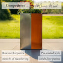 Two tall planters, one raw steel and one pre-rusted with a live patina, on a patio with grass and flowers in the background.