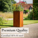 Rectangular metal planter with flowers in a garden setting, labeled 'Premium Quality Certified SPA-H steel'.