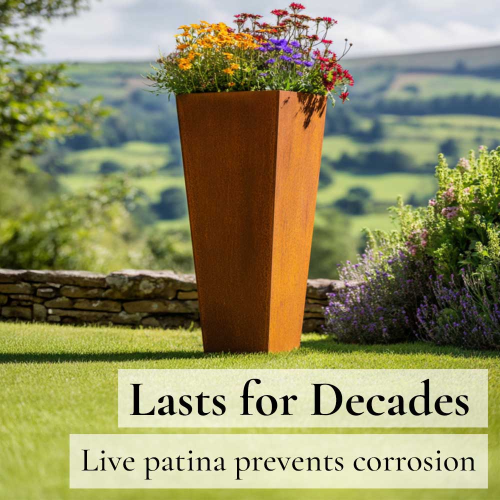 corten steel tall tapered square planter