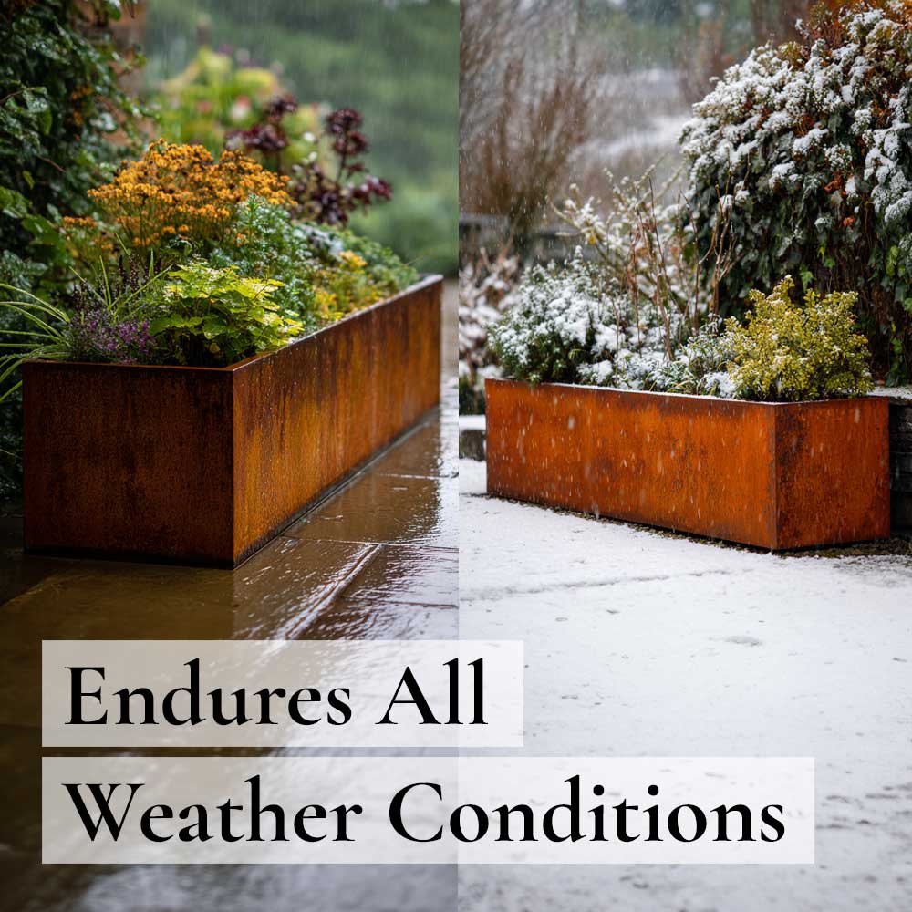 Two garden corten steel planters side by side, one with greenery and the other with snow, with text 'Endures All Weather Conditions'.