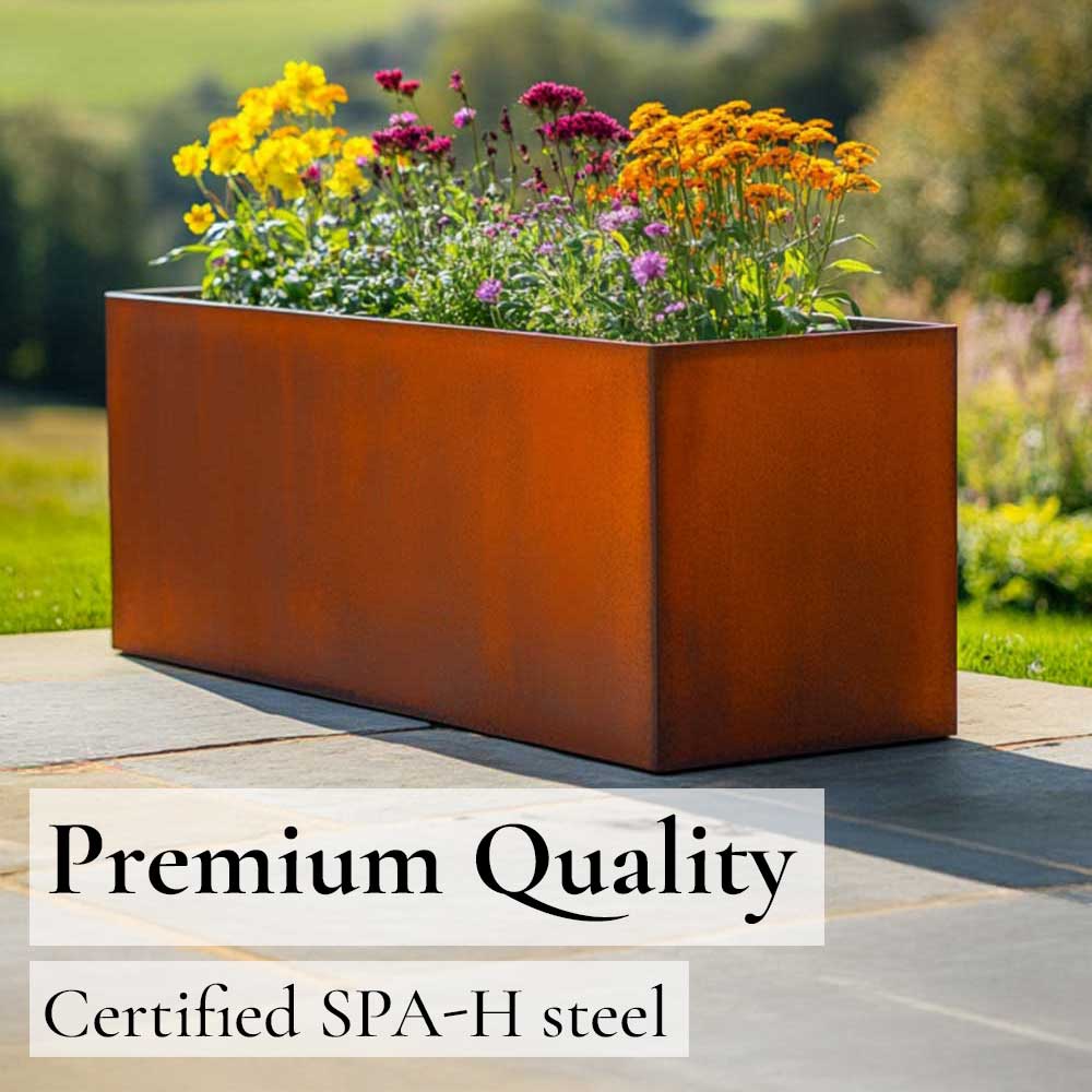 Rectangular metal planter with flowers on a patio, labeled 'Premium Quality Certified SPA-H steel'.