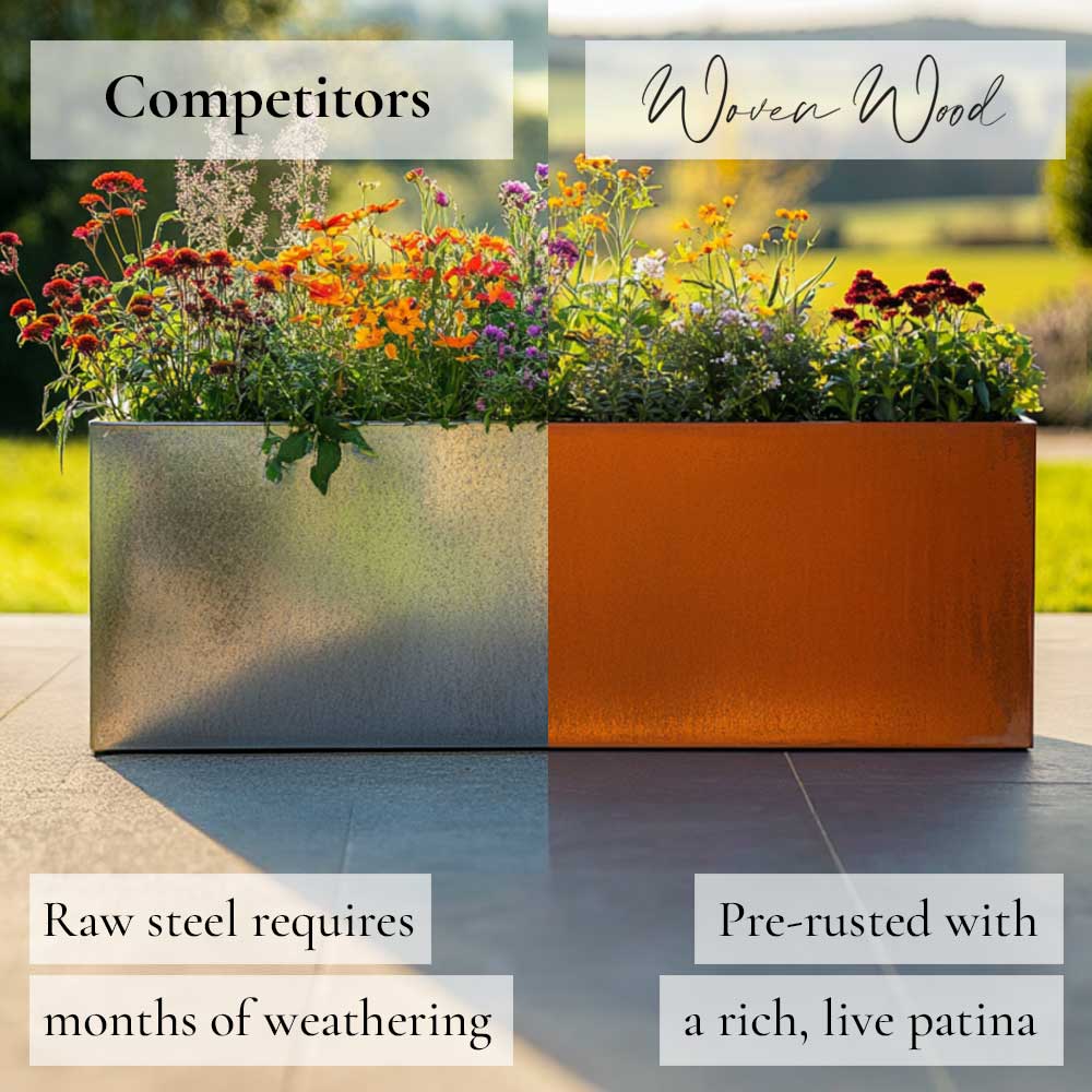 Comparison of raw steel and pre rusted Corten planters with flowers, labelled 'Competitors' and 'Woven Wood'.