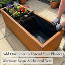 Add our liner to extend your planter warranty by an additional year - corten steel trough planter with fabric liner fitted