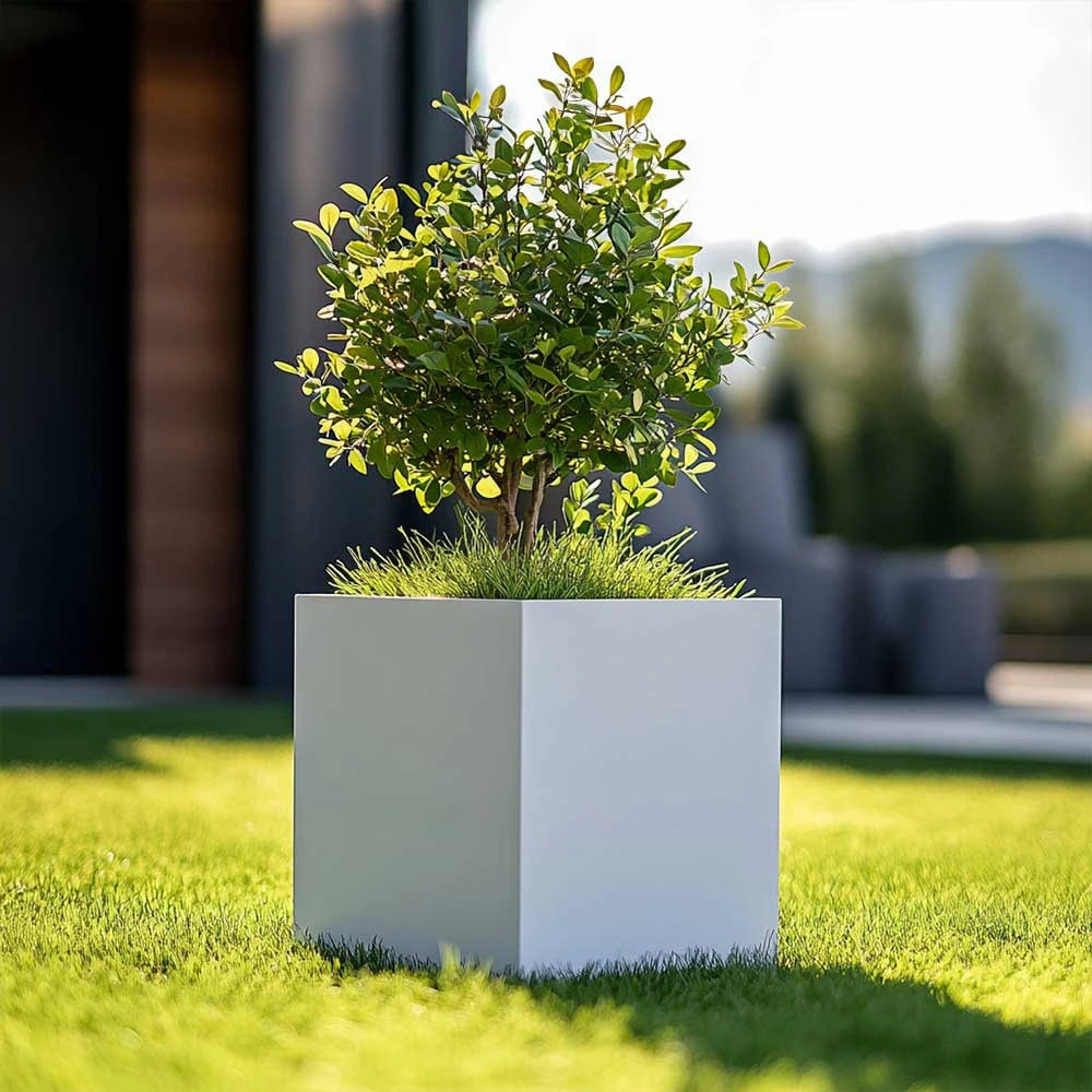 cube metal planters white matte woven wood