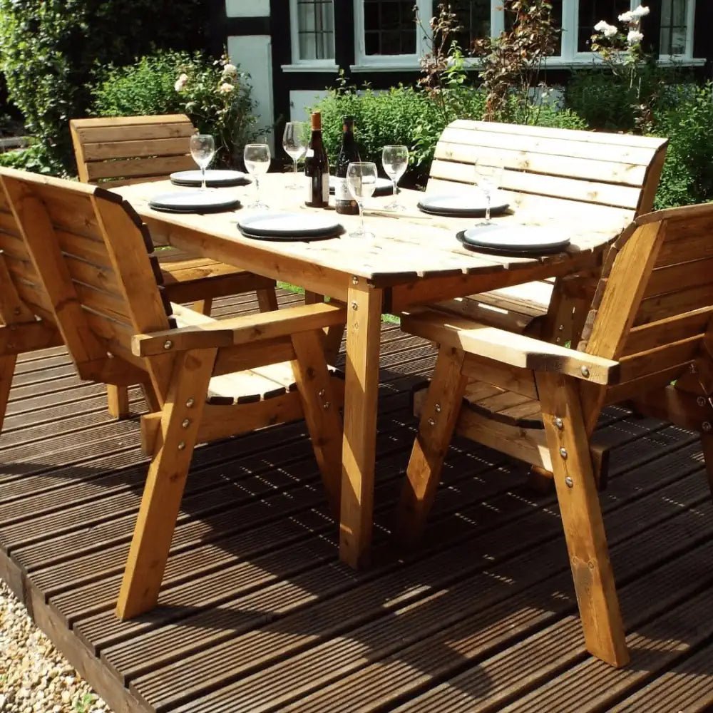 Elevate your garden dining experience with this elegant al fresco dining set, crafted from beautiful, weather-resistant wood.