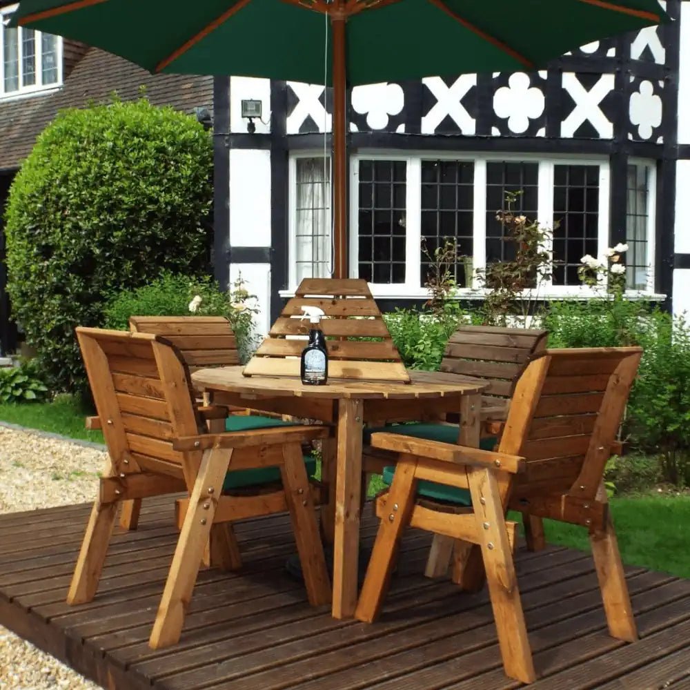 Transform your patio into a serene oasis with a Wooden Garden Furniture Set and a Garden Parasol, perfect for relaxing and entertaining.
