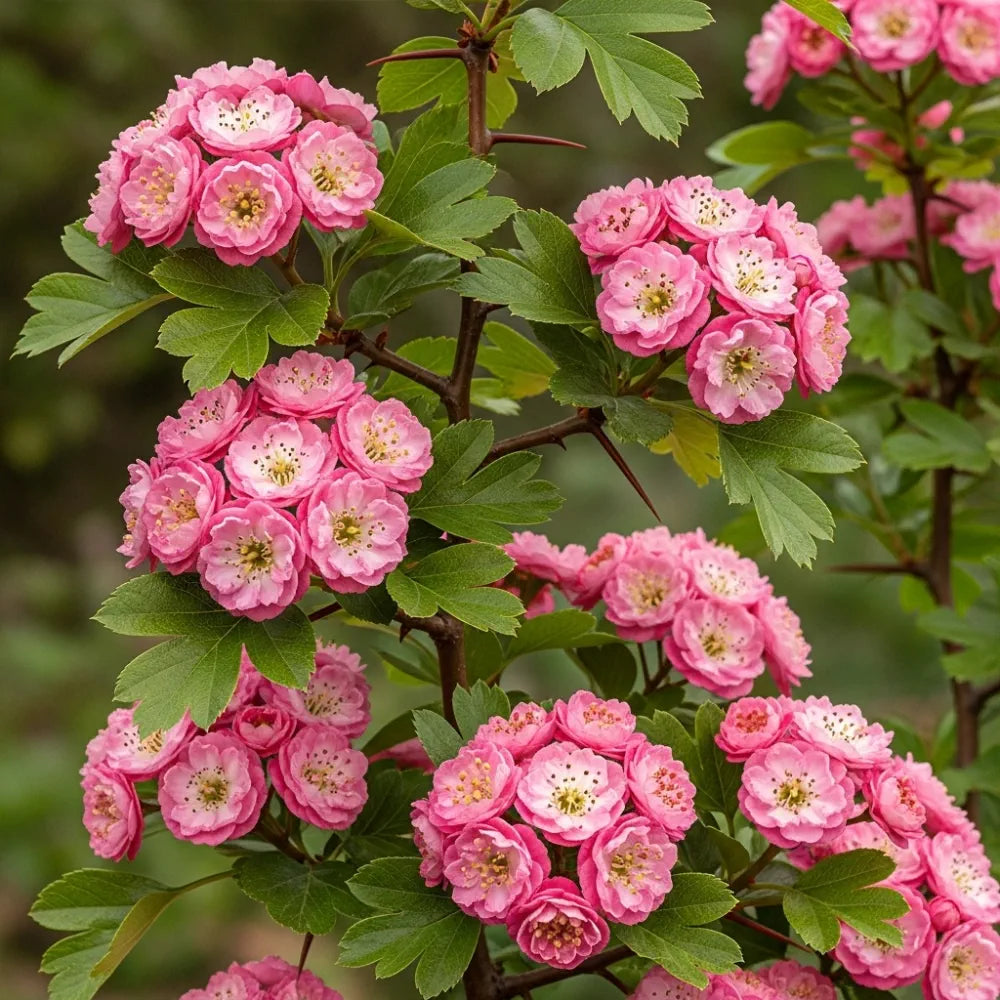 Clusters of vibrant Double Pink Hawthorn (Crataegus laevigata 'Rosea Flore Pleno') flowers with layered petals & green leaves on branches, blurred background.