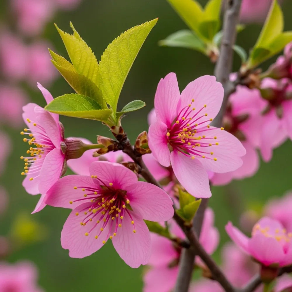 Dwarf Russian Almond Blossom Tree (Prunus tenella 'Firehill') with delicate pink petals, yellow stamens, green leaves, blurred green background.