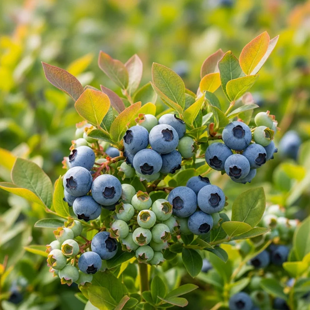 Earliblue Blueberry Bush: Clusters of ripe/unripe blueberries on vibrant green leaves, blurred natural background.