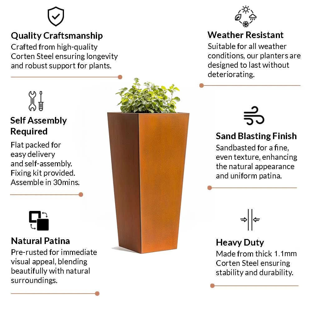 90cm Corten Steel Tall Tapered Square Planter - Pre-Rusted with Insert