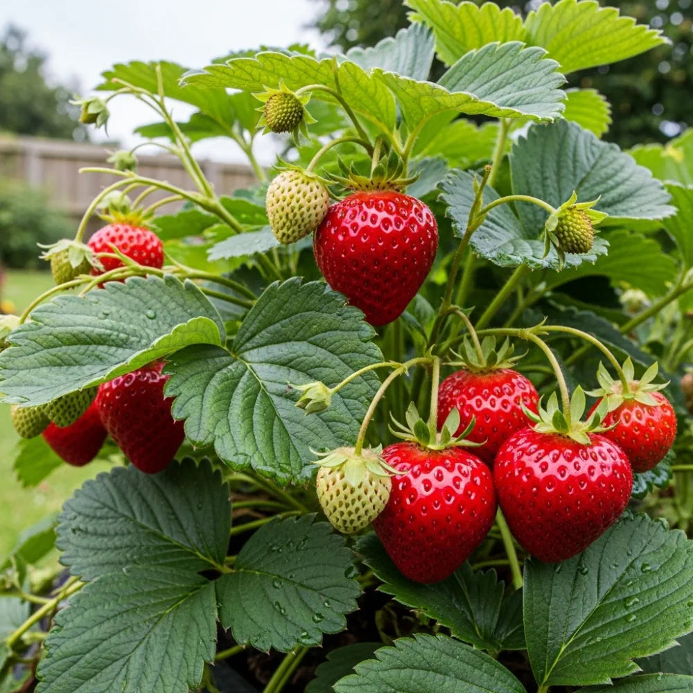 Ripe red and unripe green 'Elsanta' Strawberry Plants on a lush plant with vibrant green leaves, set against a blurred garden background.