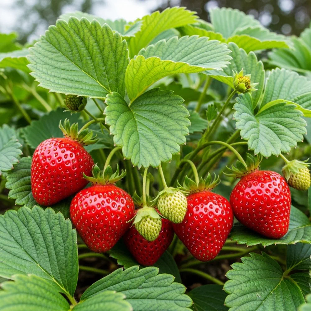 Ripe red Elsanta Strawberry Plants with green leaves, showcasing vibrant colors and fresh texture, set against a blurred natural background.