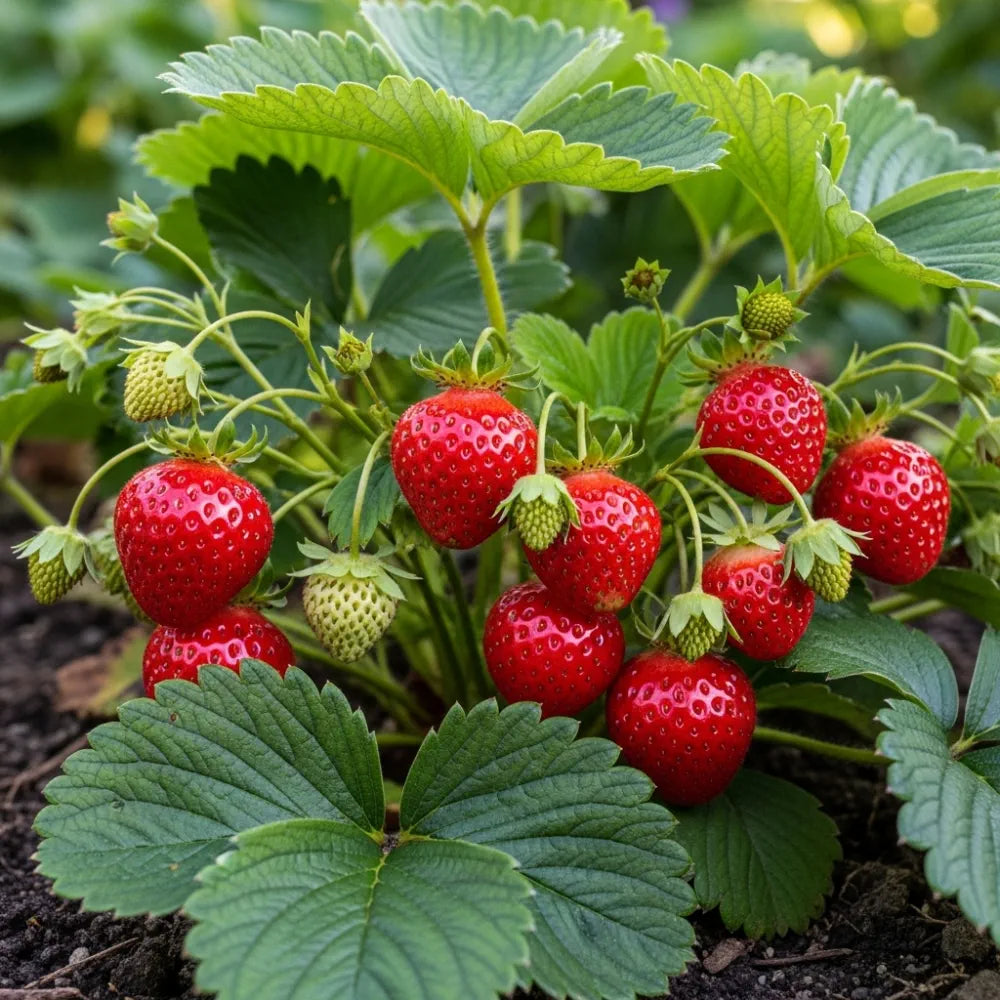 Ripe red Elsanta Strawberry Plants with green leaves and stems growing in a garden, surrounded by soil, showcasing vibrant colors and fresh produce.