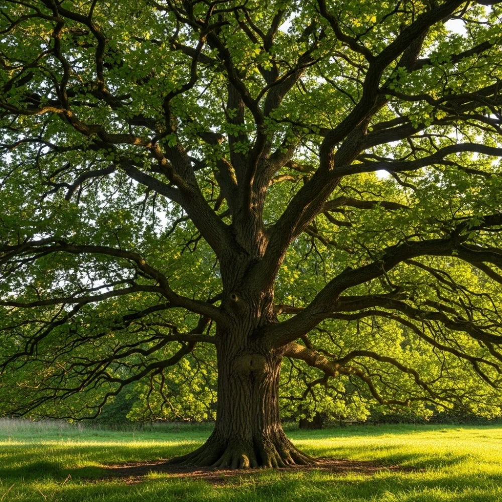 The majestic English Oak Tree (Quercus robur) with sprawling branches and lush green leaves, bathed in sunlight, standing in a serene grassy meadow.