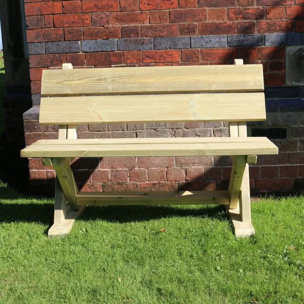 Large garden bench offering ample space for gatherings and contemplation.