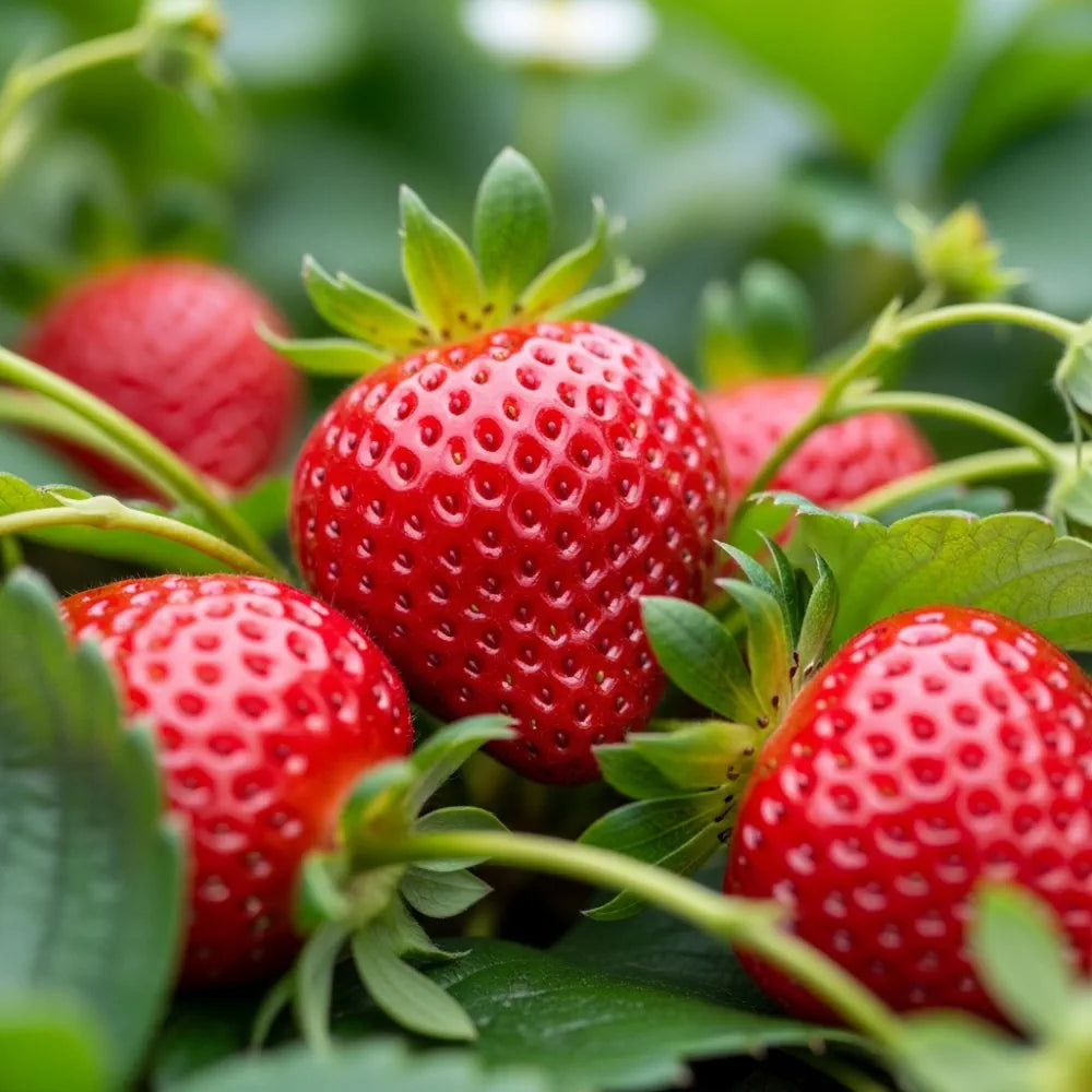 Ripe 'Flamenco' Strawberry Plants with green leaves in a garden setting, showcasing vibrant colors and fresh texture, surrounded by lush foliage.