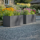 Flatpacked zinc galvanised trough planter, matte grey, lifestyle pair