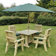 A cozy picnic table nestled in a lush garden setting.