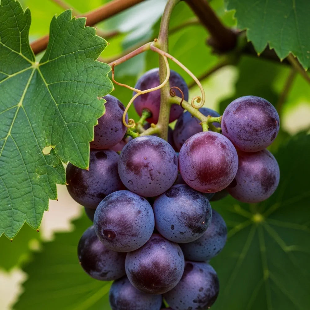A cluster of ripe purple grapes from the Full Season Grape Vines Collection, hanging from a vine, surrounded by lush green leaves.