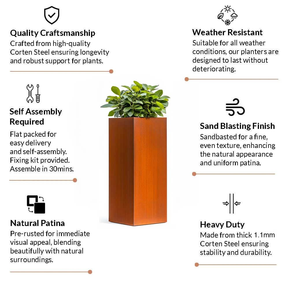 50cm Corten Steel Tall Square Planter - Pre-Rusted with Insert