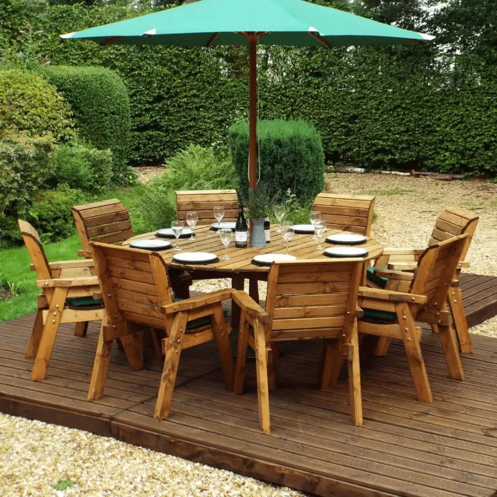 Host unforgettable gatherings with this spacious patio set, featuring an 8-seater table and comfortable wooden chairs.
