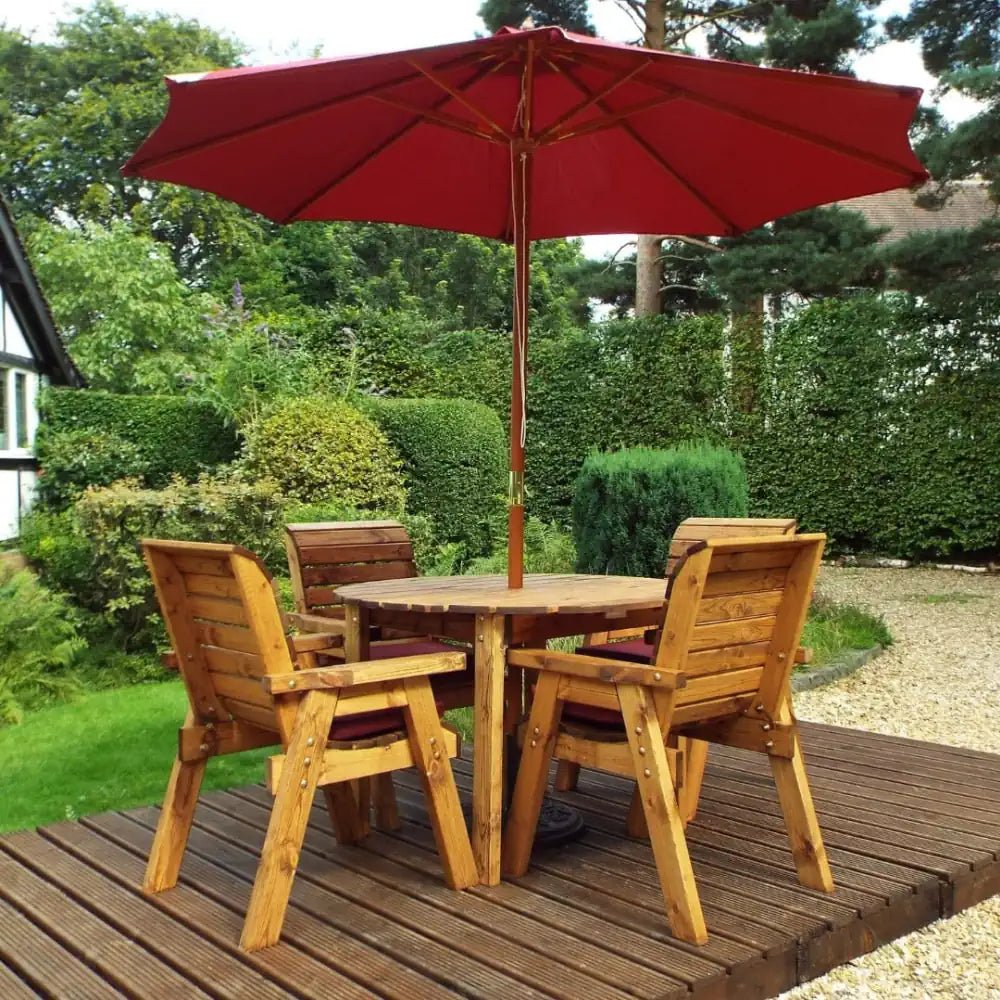 Unwind in the fresh air with this comfortable wooden furniture set. This set is perfect for outdoor dining, relaxing, or entertaining guests. 