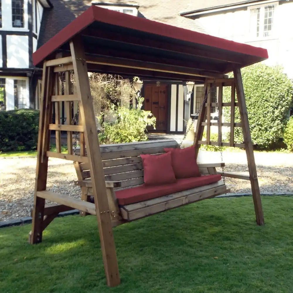 Charles Taylor Redwood Swing with Burgundy Roof Cover Woven Wood