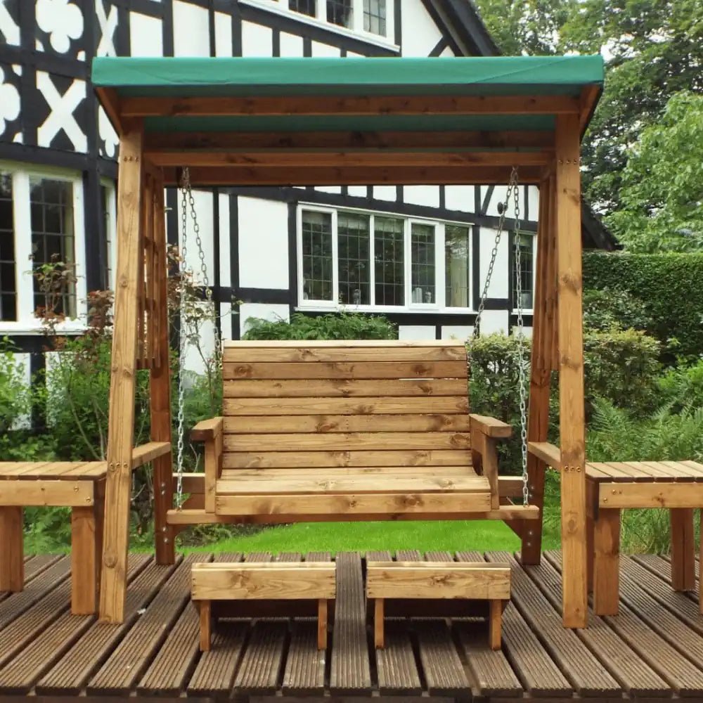 Charles Taylor Two Seat Swing with Green Roof Cover Woven Wood