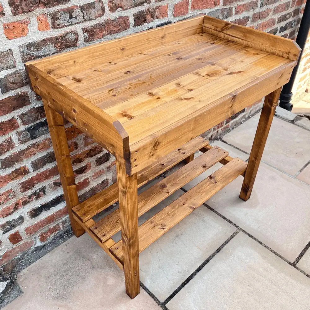 garden table greenhouse staging woven wood