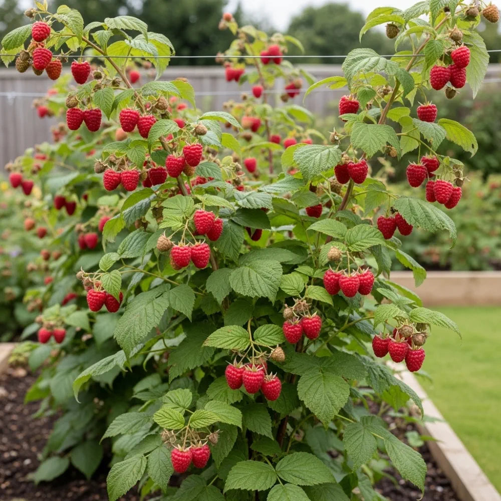 Lush 'Glen Ample' raspberry bushes with vibrant red berries & green leaves in a garden, bordered by wooden planters & a grassy lawn.
