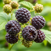 Cluster of ripe 'Glencoe' Purple Raspberries with deep purple hue & textured surface, surrounded by green leaves & unripe berries in a garden setting.