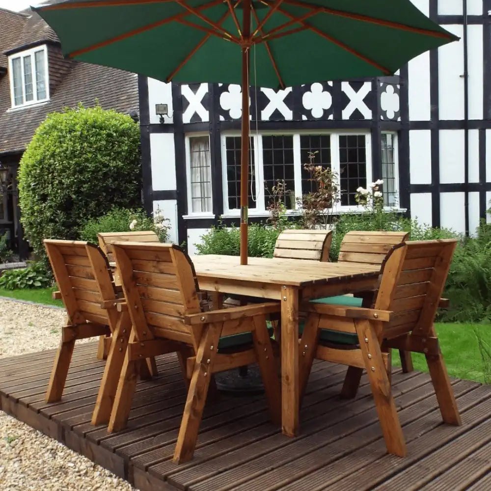 Wooden Dining set with green parasol by WOven WOod