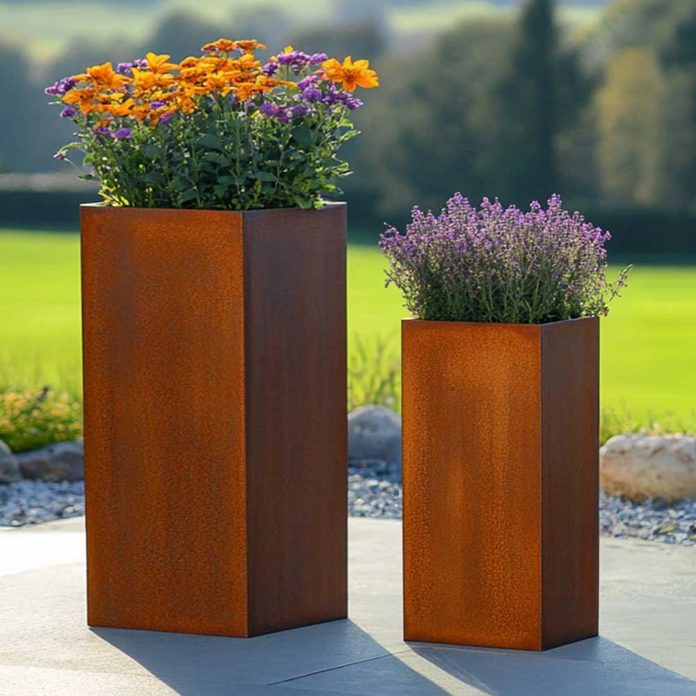 75cm Corten Steel Tall Square Planter - Pre-Rusted with Insert