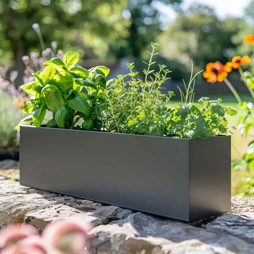 Rustic outdoor herb planter brimming with aromatic plants.