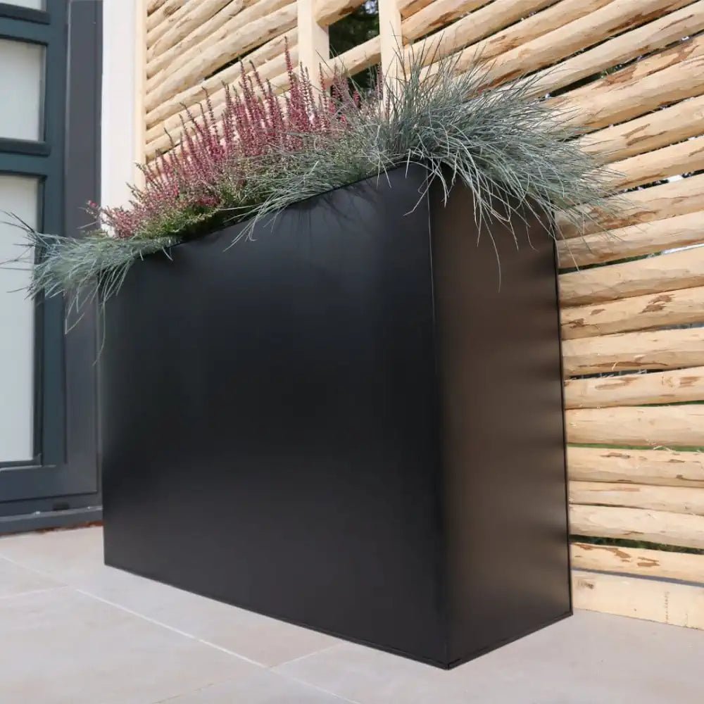 Premium woven wood trough planters with a 60 litre volume, available in matte black zinc planter aluzinc by Tulipy